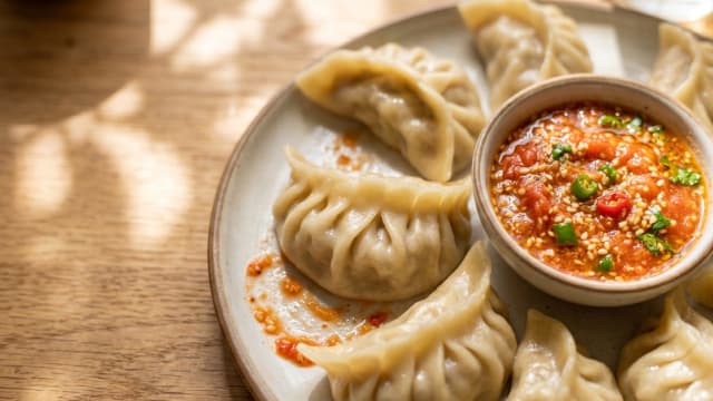 Chicken Momo (Steamed Dumplings with Tomato-Sesame Achar)