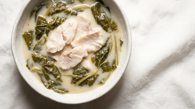 Demok with Fish (Taro Leaf and Coconut Soup)