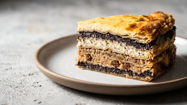 Prekmurska Gibanica (Layered Poppy Seed, Curd, Walnut and Apple Cake)