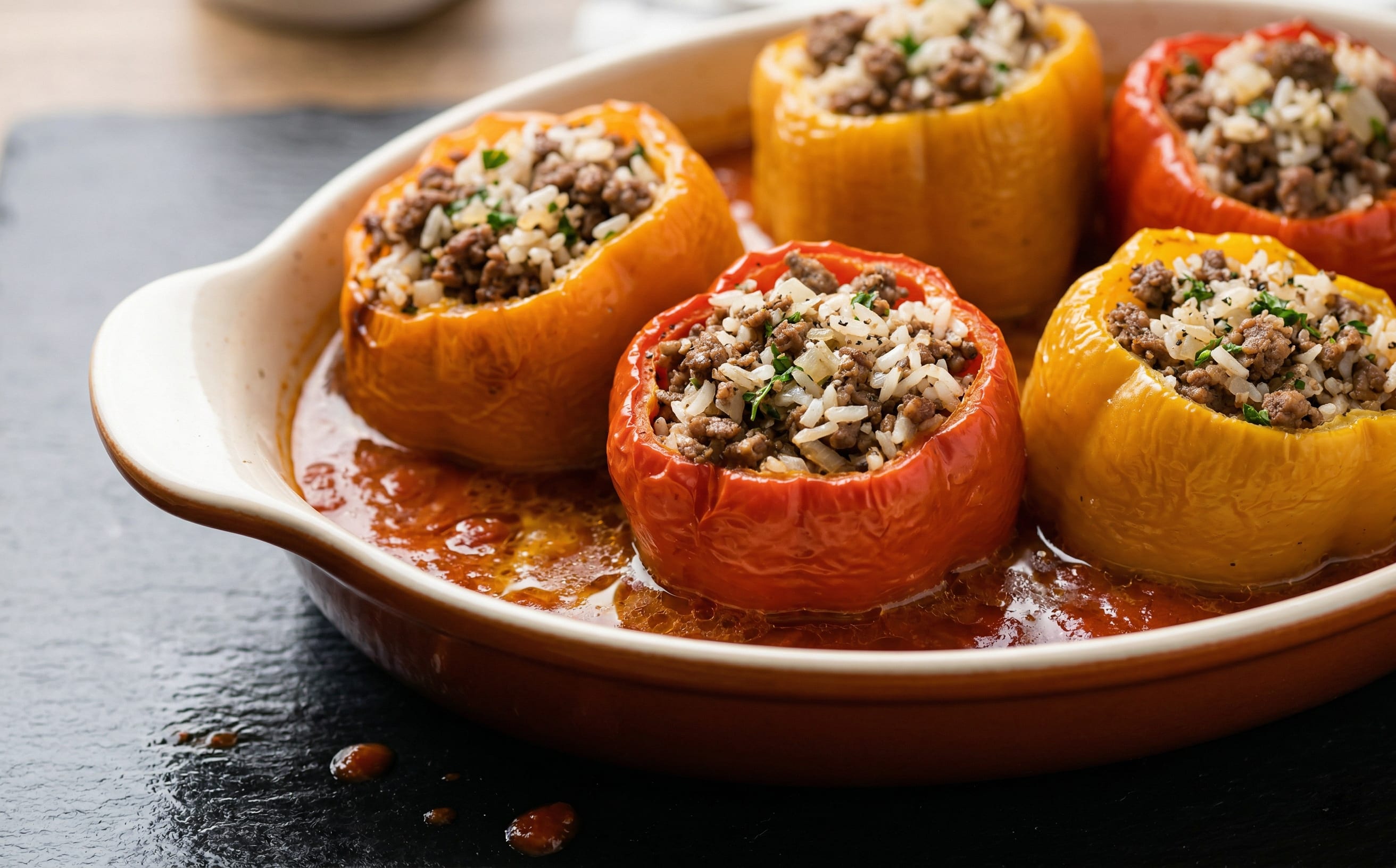Speca të Mbushur (Beef- and Rice-Stuffed Peppers)