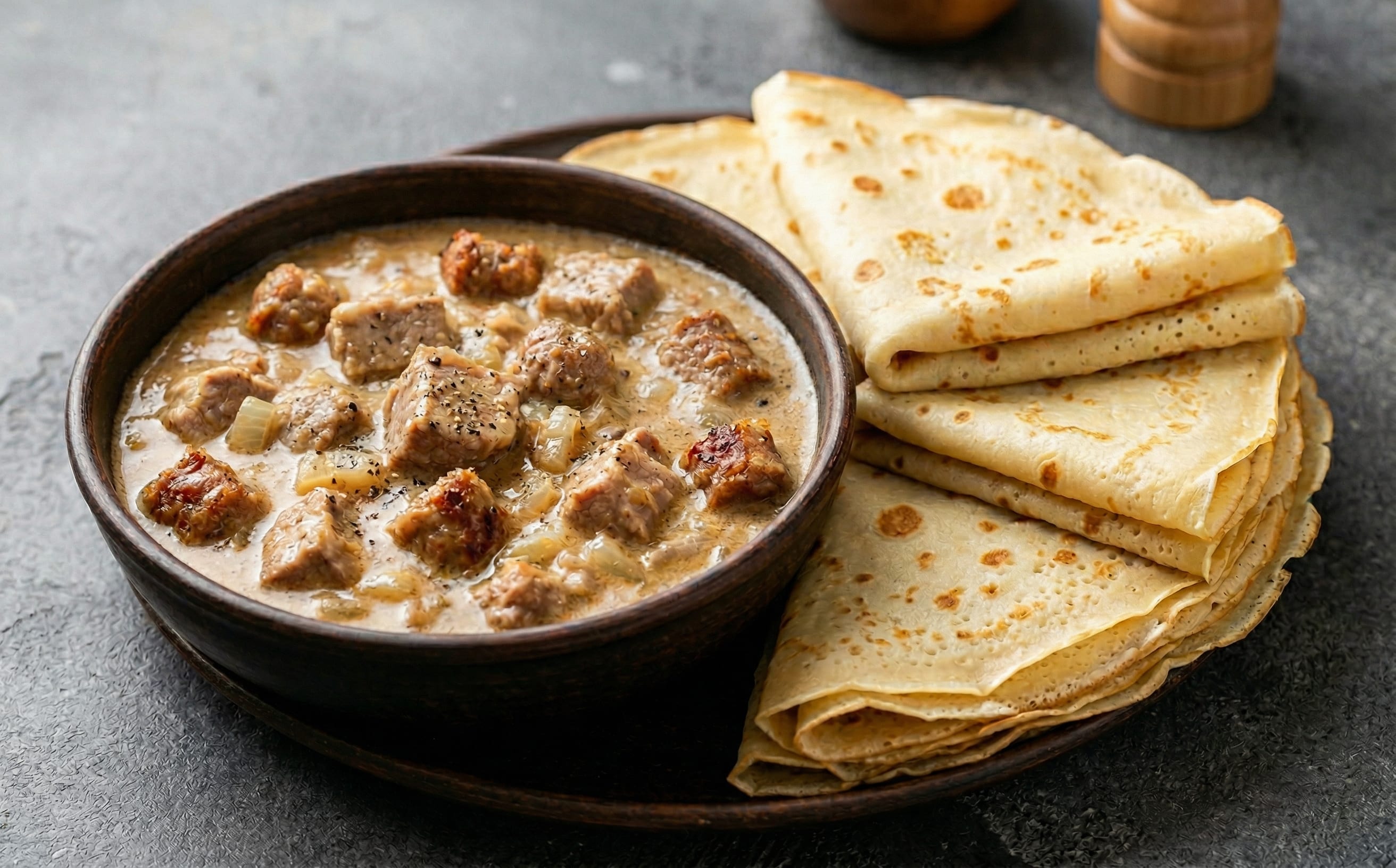 Machanka with Blini (Pork and Sausage Gravy with Crepes)