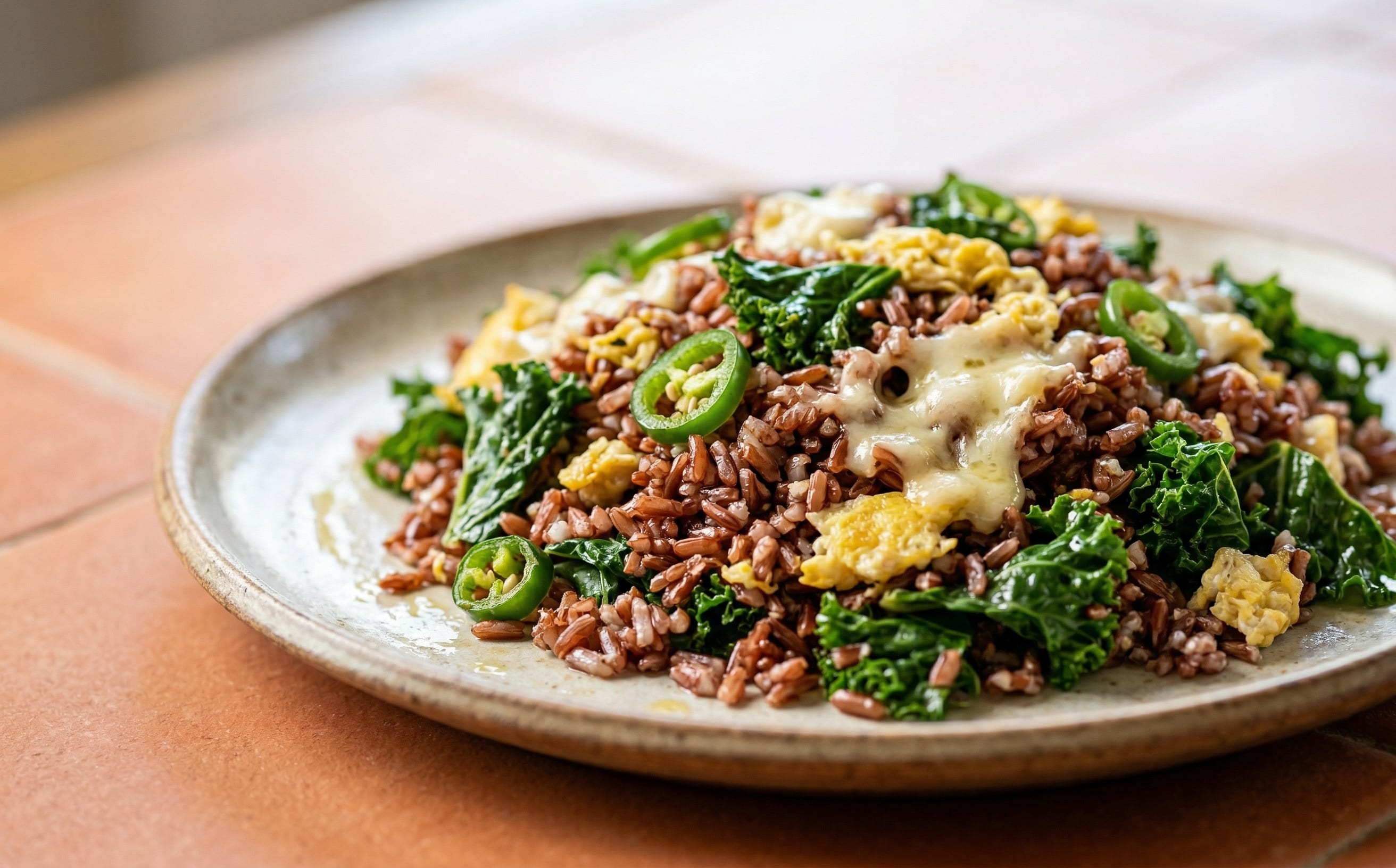 Bhutanese-Style Red Rice with Greens and Egg