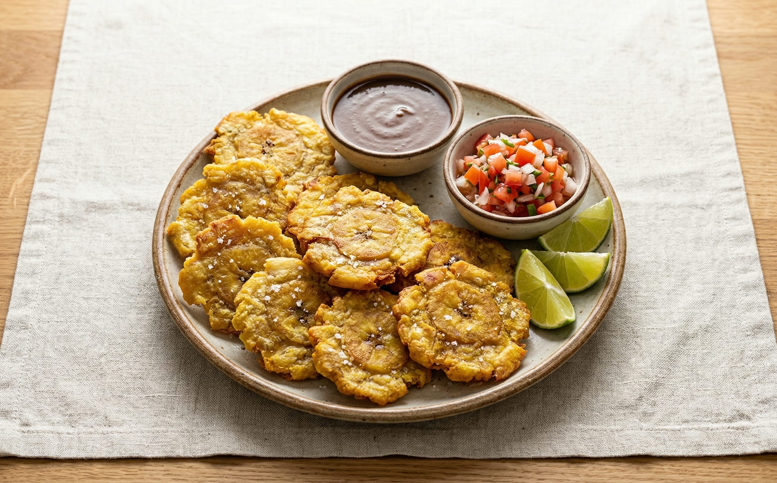 Patacones con Salsas (Twice-Fried Green Plantains)