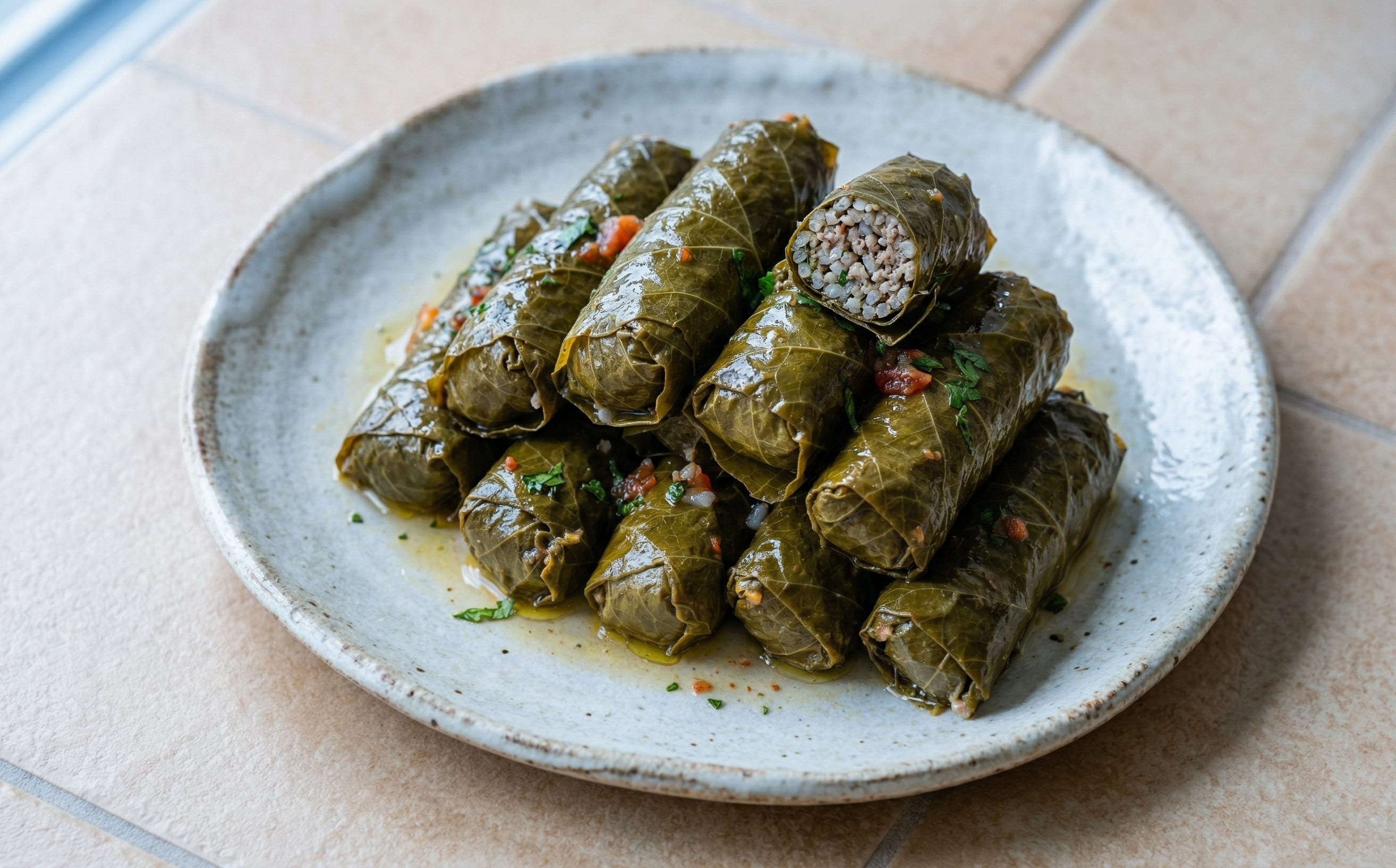 Koupepia (Pork- and Rice-Stuffed Vine Leaves)
