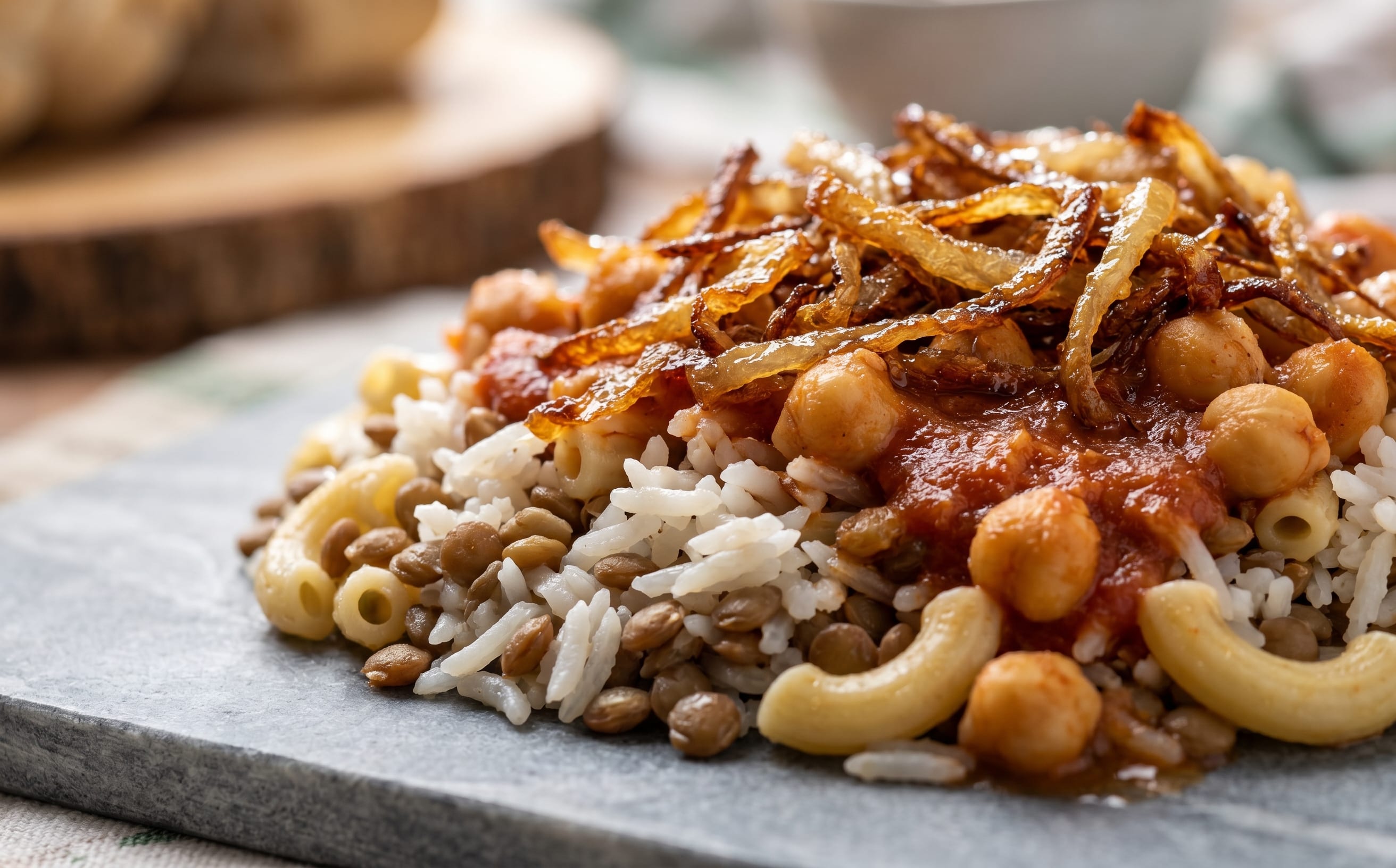Koshari (Rice, Lentils, Pasta, and Tomato Sauce)