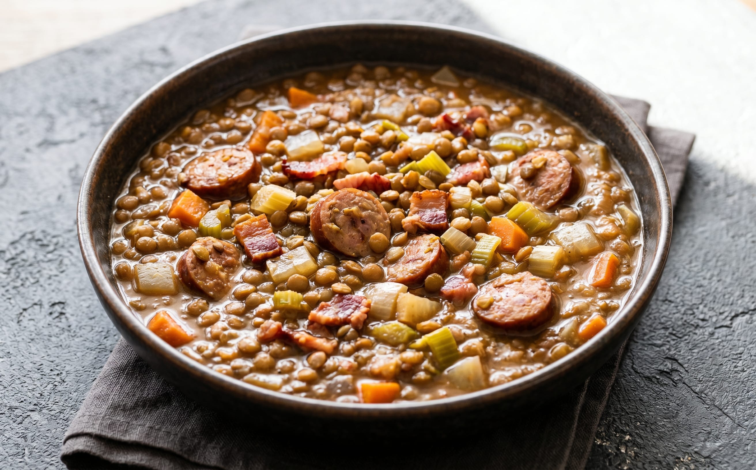 Linseneintopf mit Würstchen (Lentil Stew with Sausage)