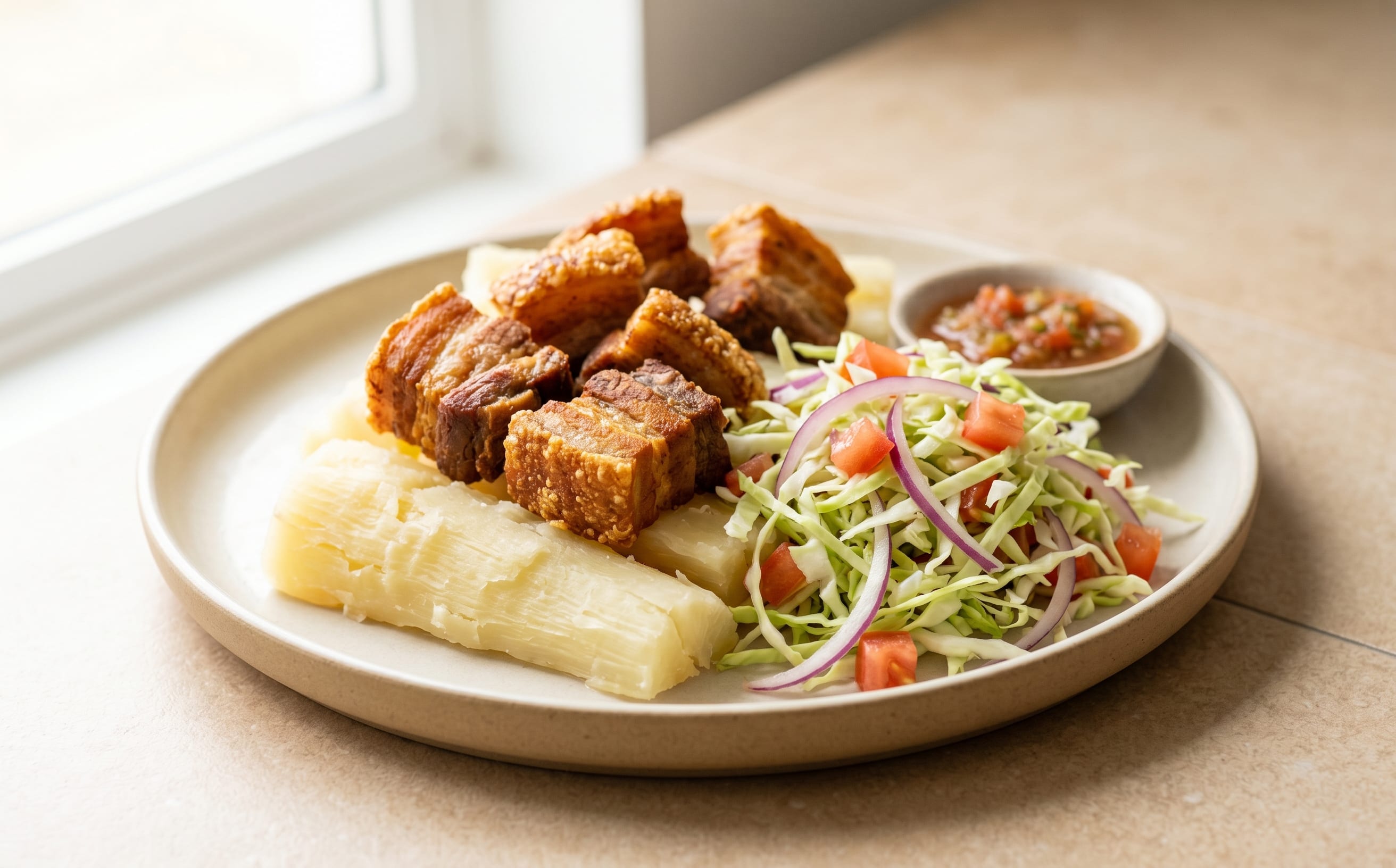 Yuca con Chicharrón (Cassava with Crisp Pork and Cabbage)