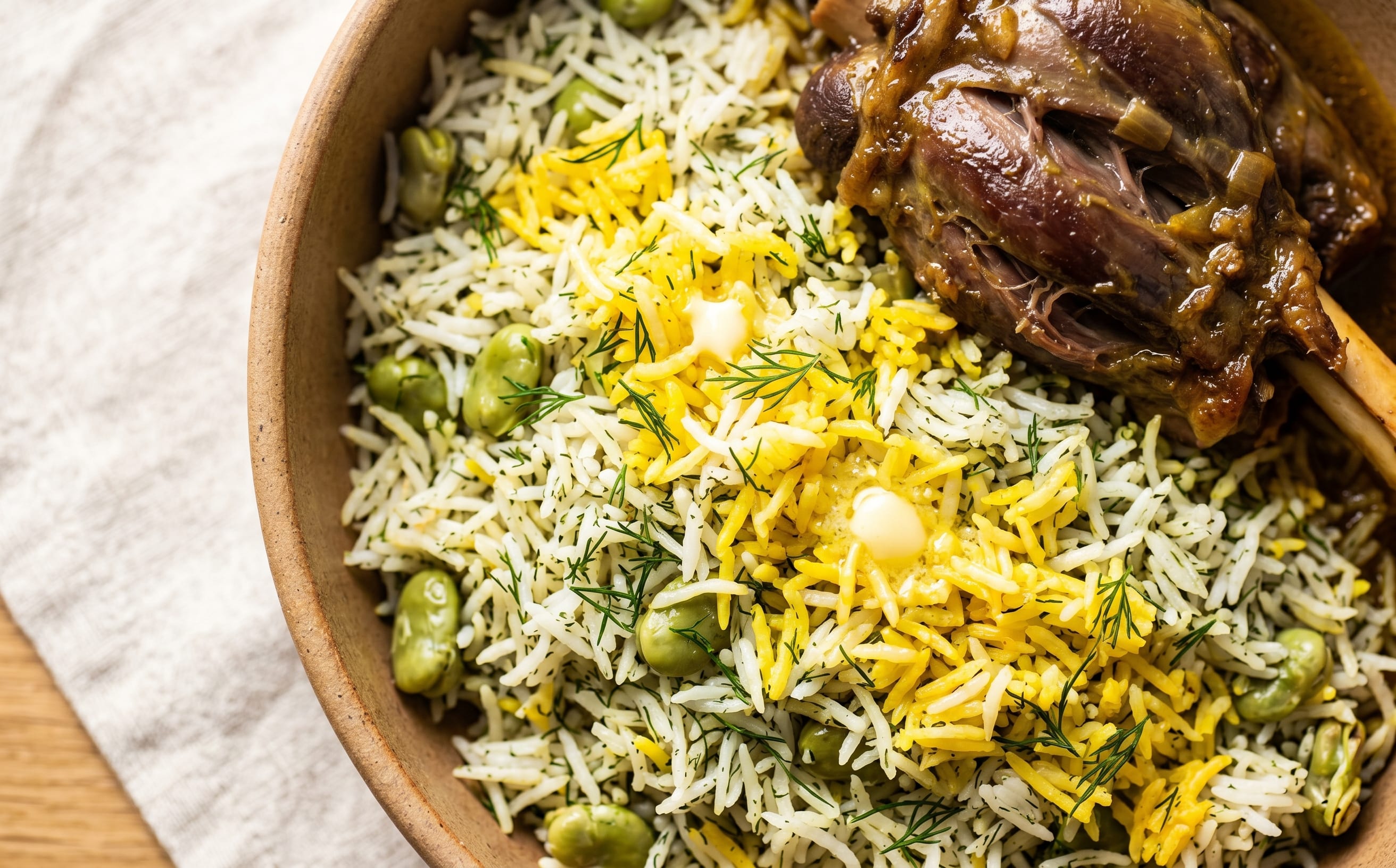 Baghali Polo ba Mahicheh (Dill Rice with Fava Beans and Lamb Shank)