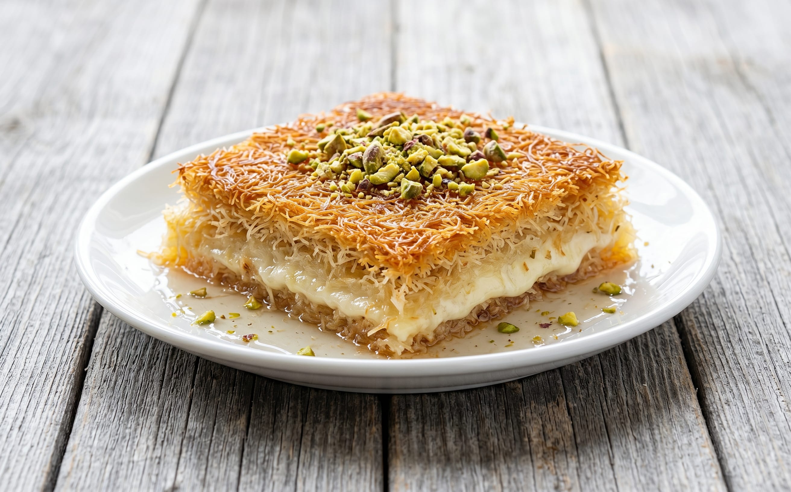 Knafeh (Cheese Pastry with Syrup and Pistachios)