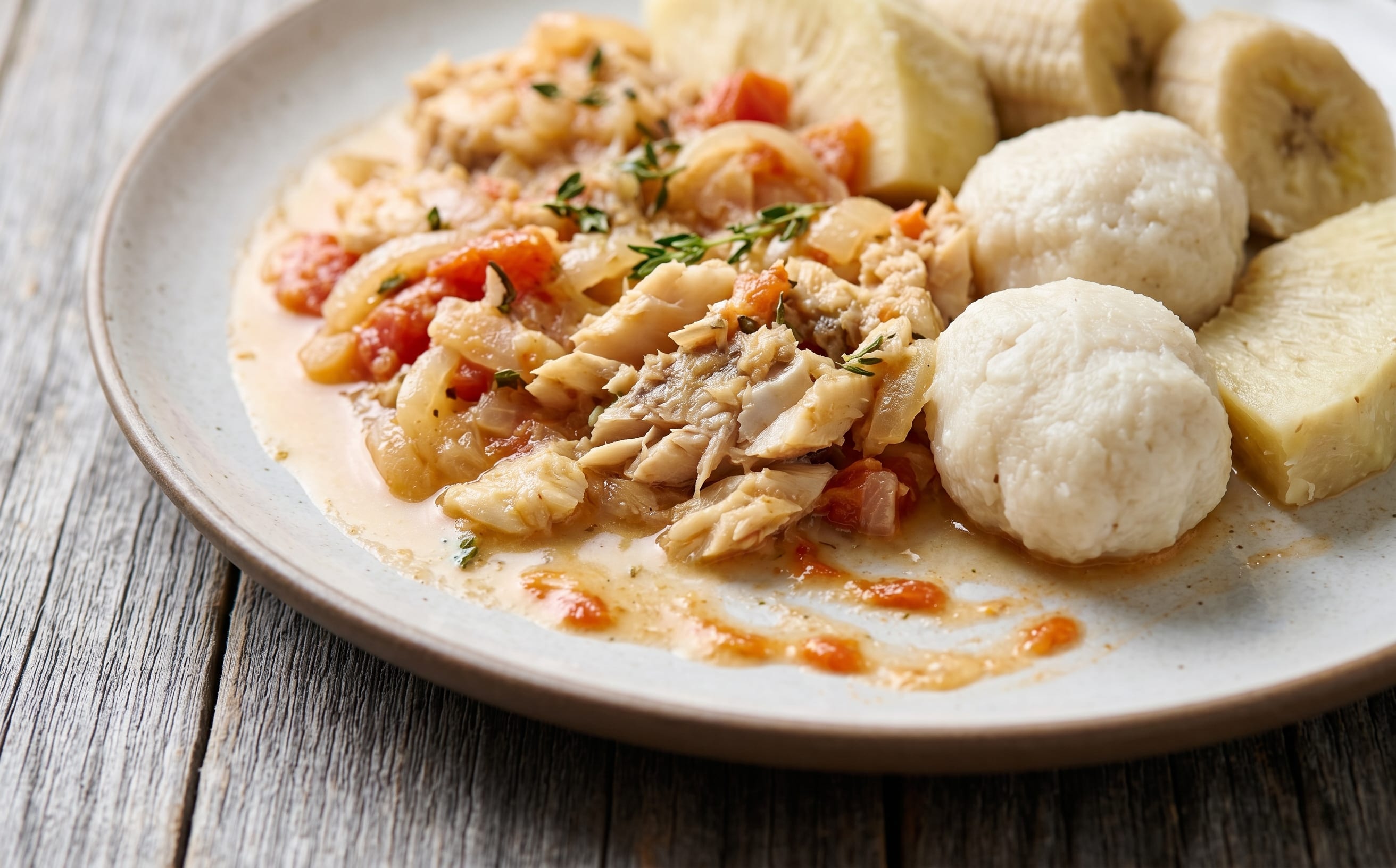 Stewed Saltfish with Coconut Dumplings and Provisions