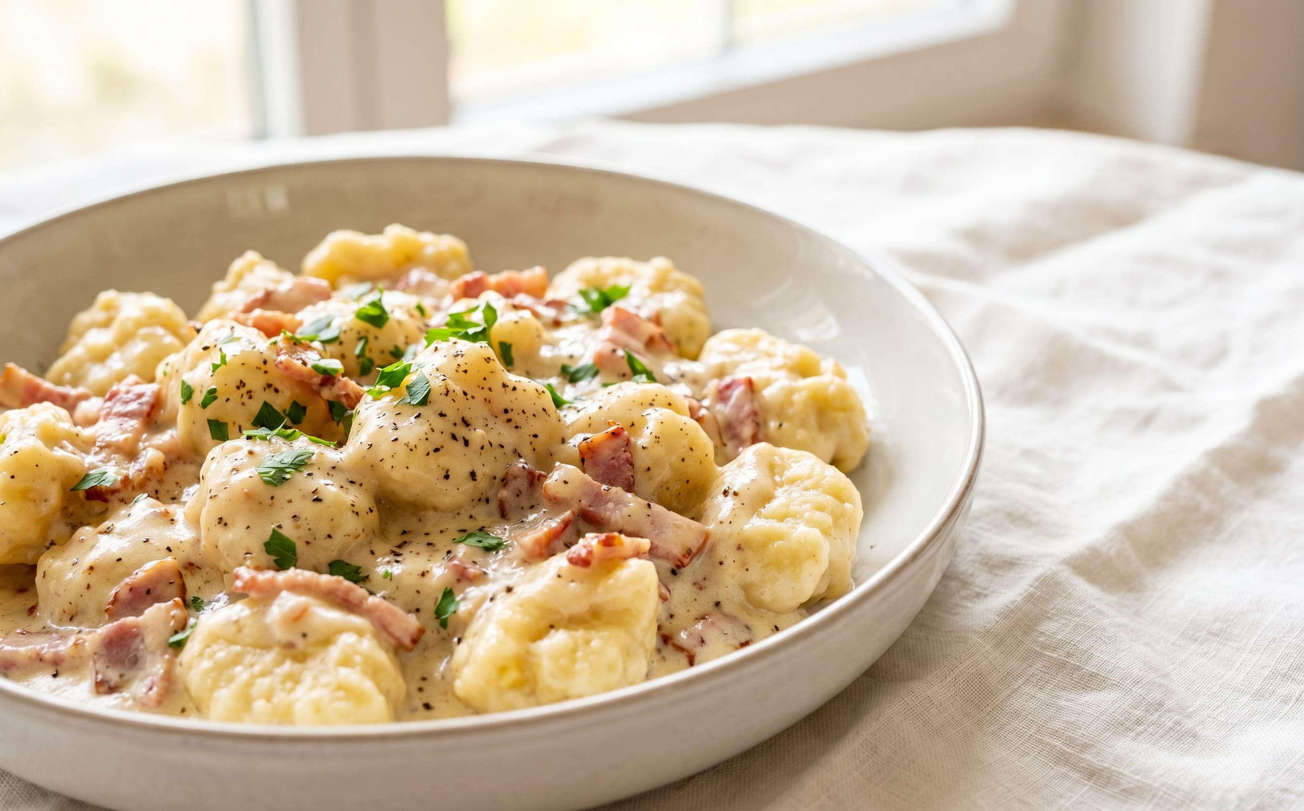 Kniddelen mat Speck (Flour Dumplings with Bacon Cream Sauce)