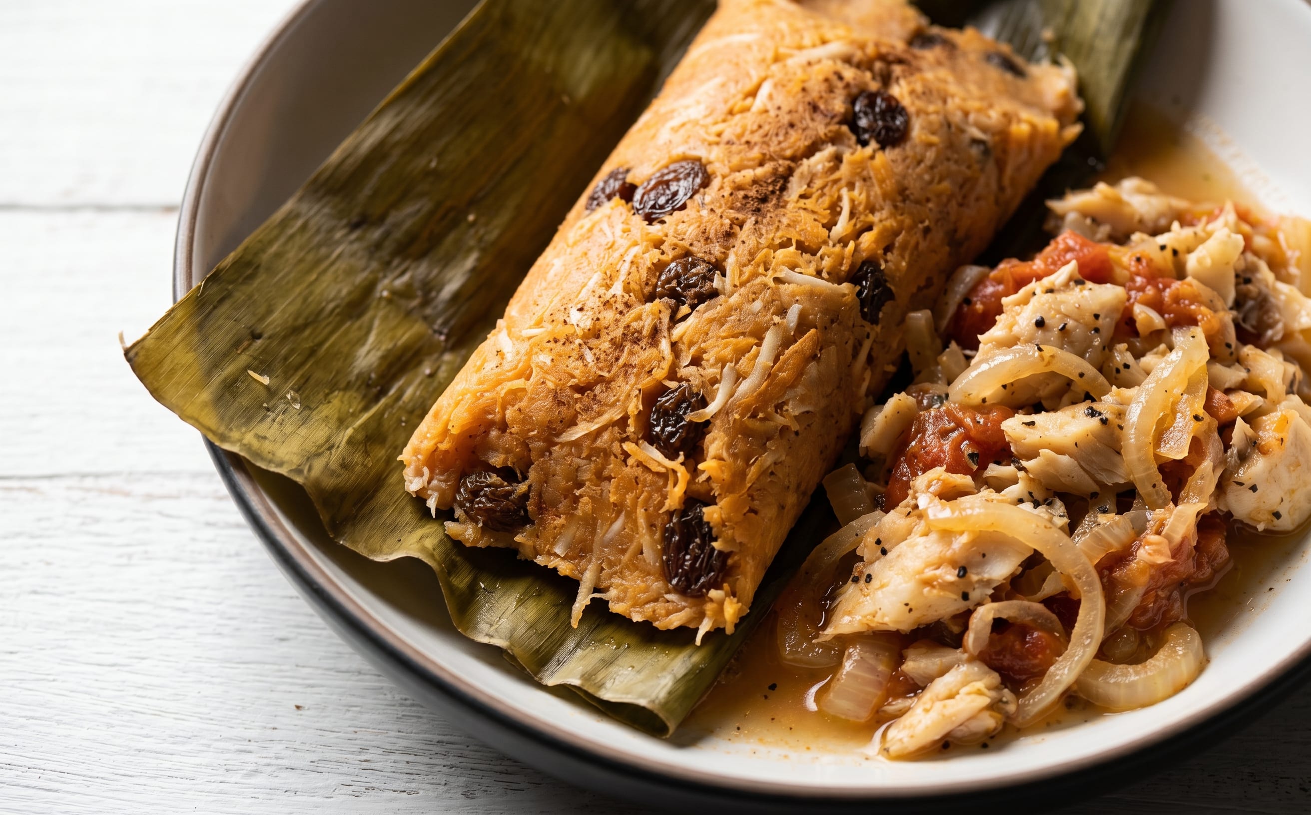 Ducana with Saltfish (Sweet Potato Dumplings with Salted Cod)