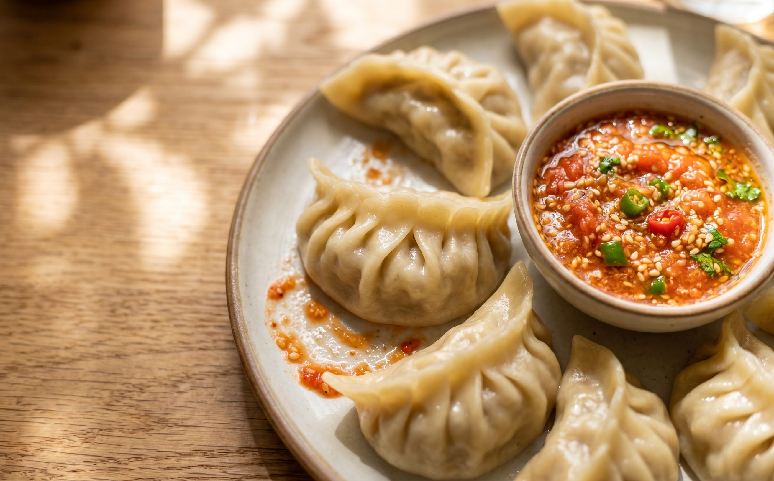 Chicken Momo (Steamed Dumplings with Tomato-Sesame Achar)