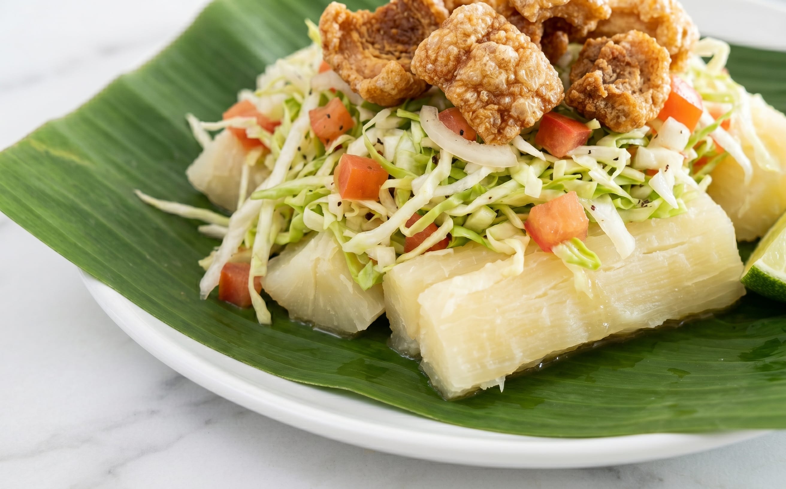Vigorón (Cassava, Cabbage Slaw, and Pork Cracklings)