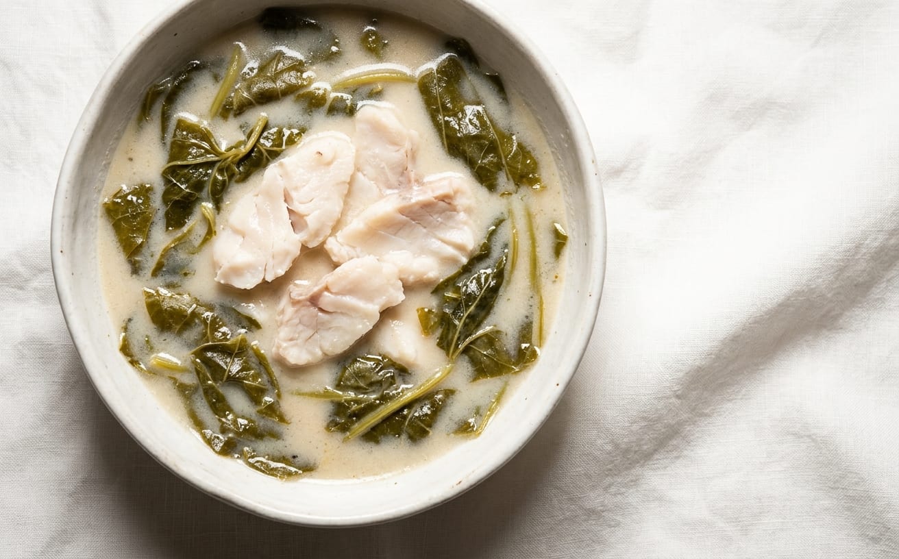 Demok with Fish (Taro Leaf and Coconut Soup)