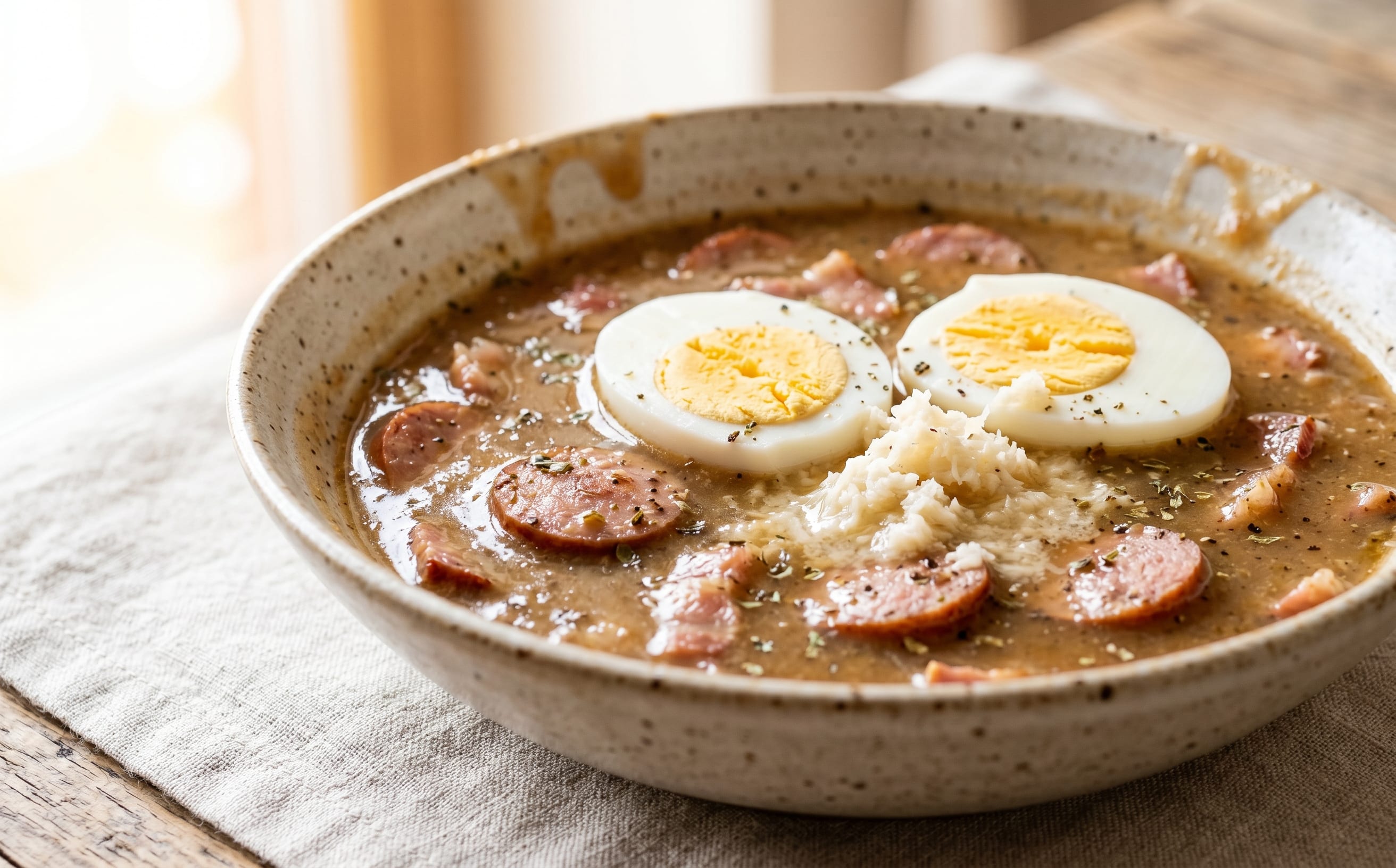 Żurek (Sour Rye Soup with Sausage and Egg)