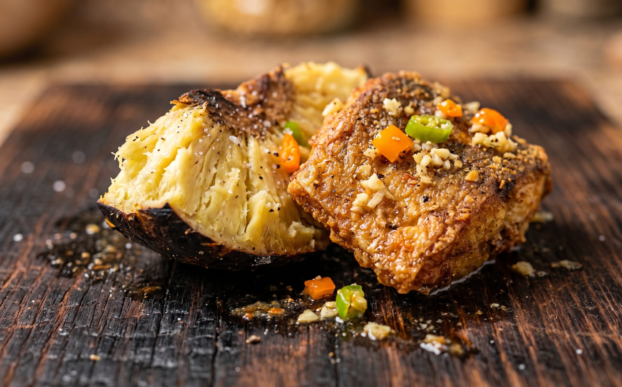 Roasted Breadfruit with Fried Jackfish