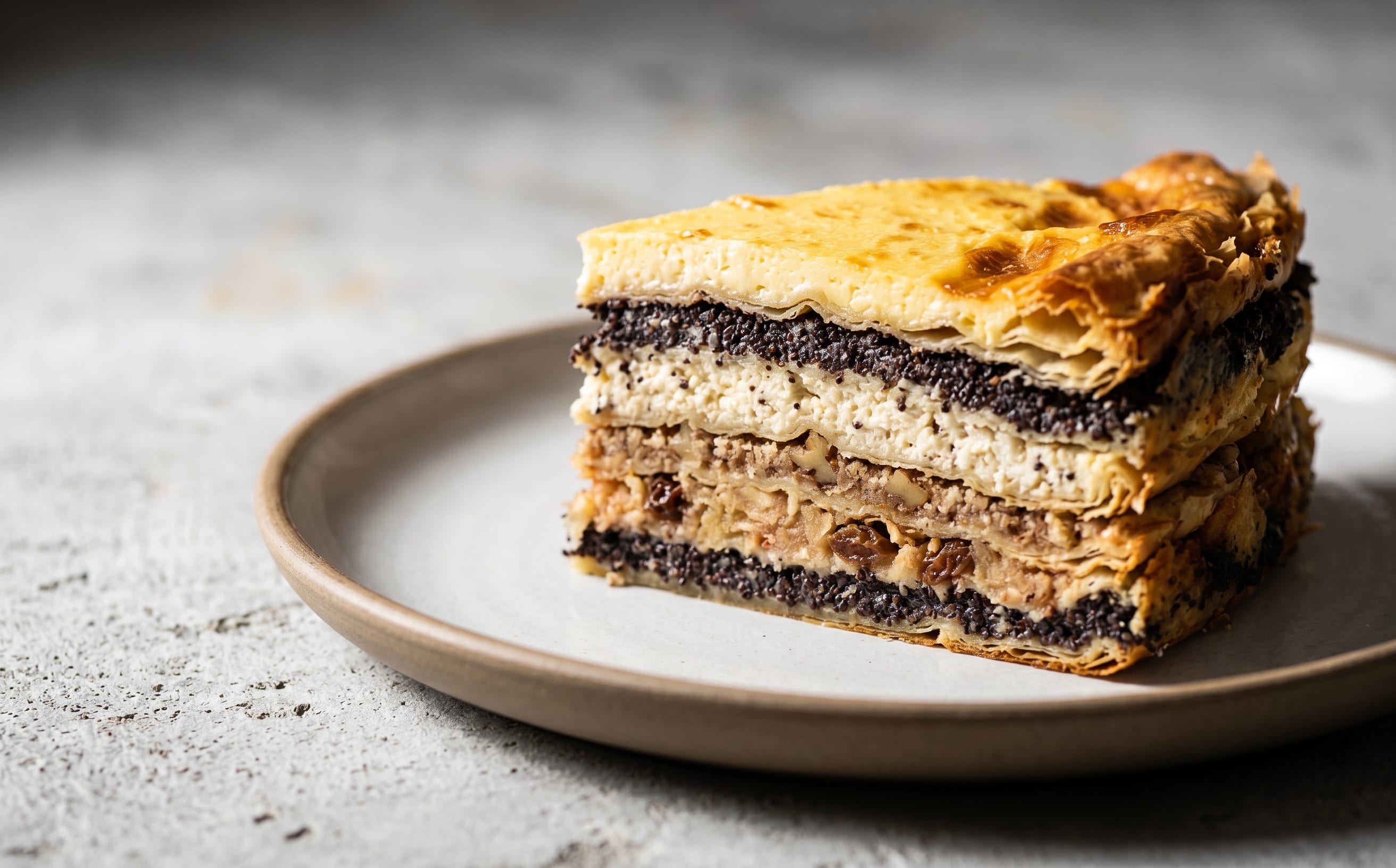 Prekmurska Gibanica (Layered Poppy Seed, Curd, Walnut and Apple Cake)
