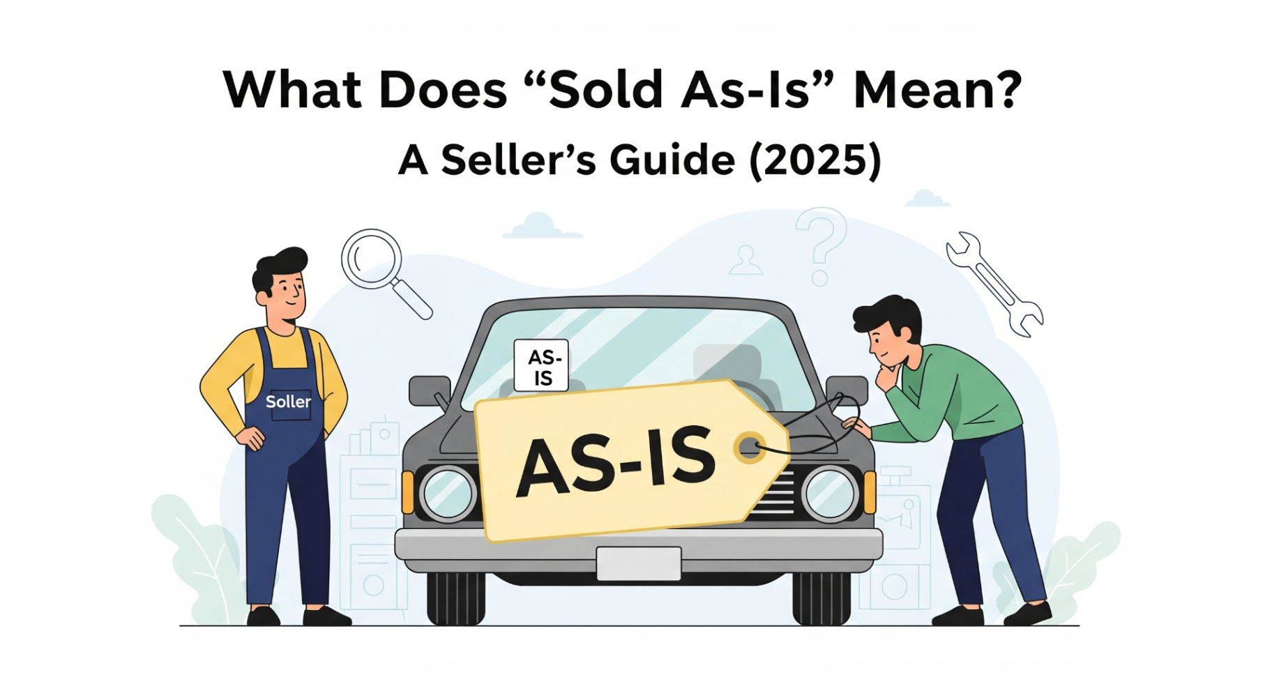 An illustration of a Bill of Sale document with a magnifying glass focused on the highlighted 'As-Is, No Warranty' clause.