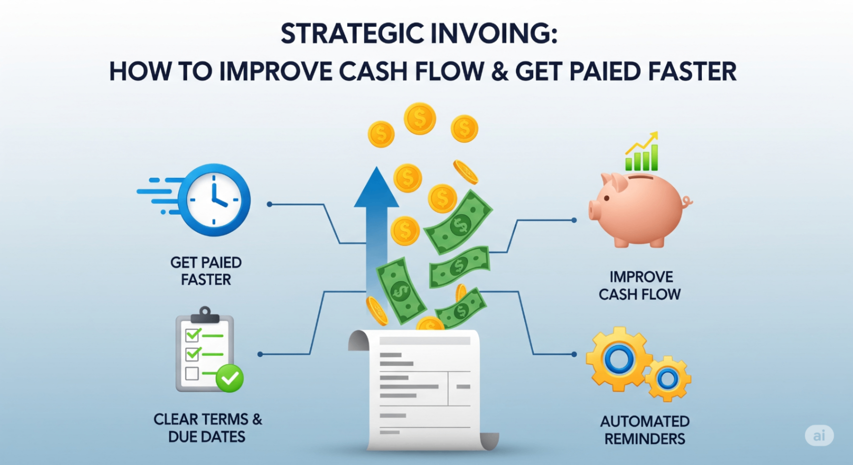 An illustration showing a gear turning into a dollar sign, symbolizing the concept of strategic invoicing as a machine that improves cash flow.