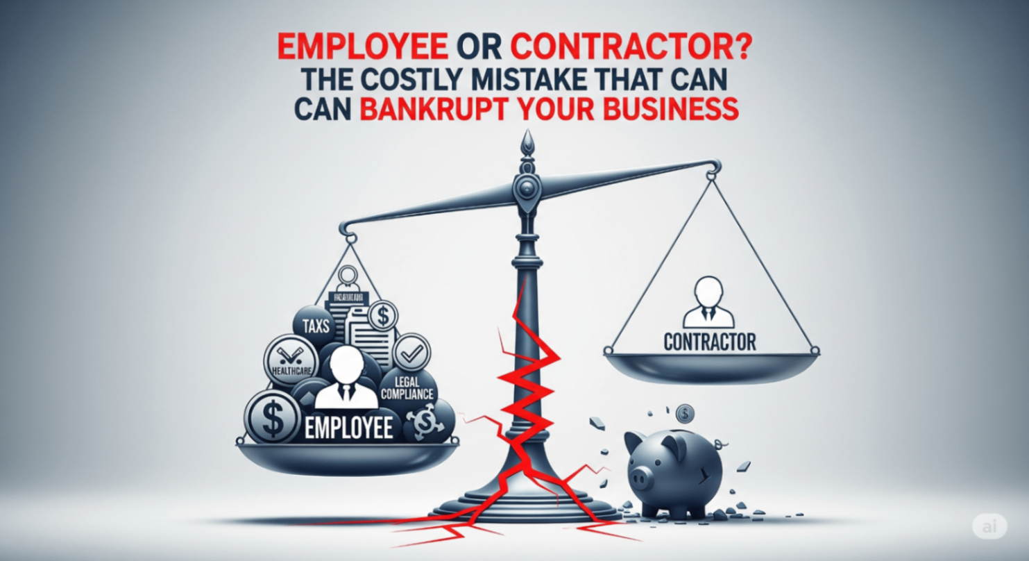 An illustration of a seesaw, with a single worker on one side and the words 'Contractor' and 'Employee' on the other, symbolizing the delicate balance of worker classification.