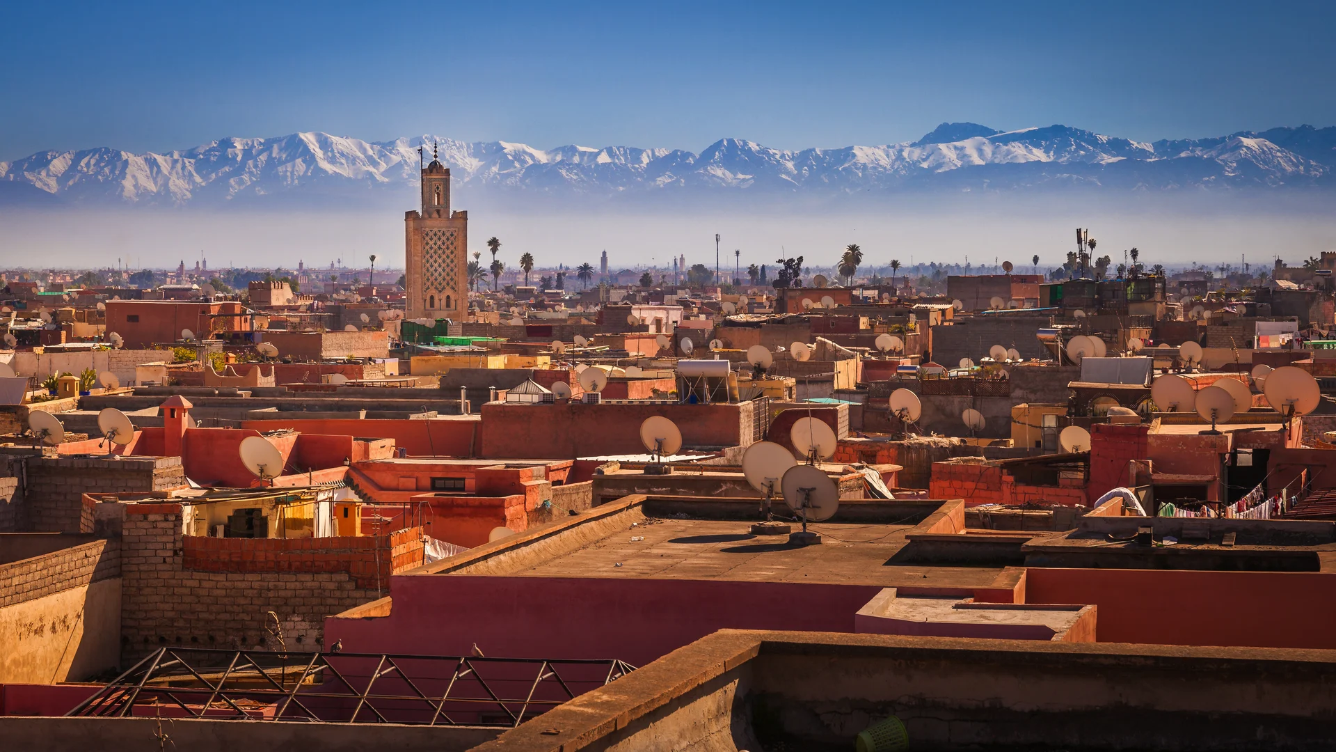 Panorama von Marrakesch mit Blick über die Dächer der Stadt, im Hintergrund das Atlasgebirge.
