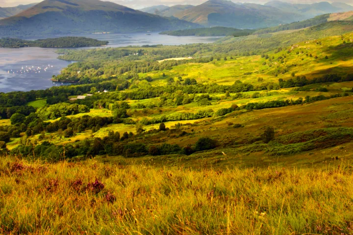 Loch Lomond von den Hügeln über dem malerischen Dorf Balmaha aus gesehen.