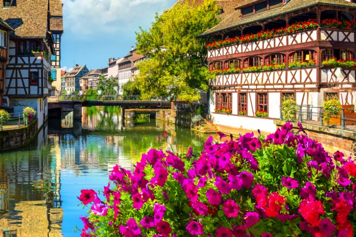 Fachwerkhäuser an einem Kanal in Straßburg bei sonnigem Wetter mit Blumen im Vordergrund.