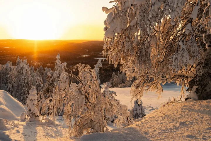 Verschneite Landschaft bei Sonnenuntergang