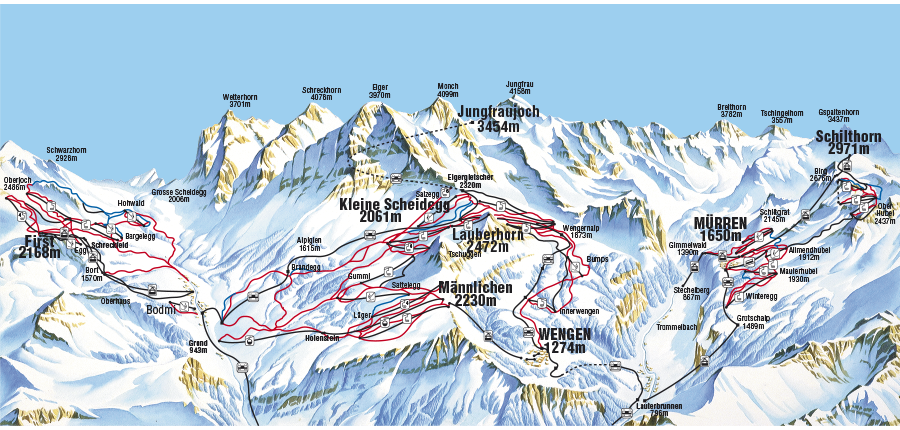 Switzerland Jungfrau Ski Region Wengen Ski Piste Map 