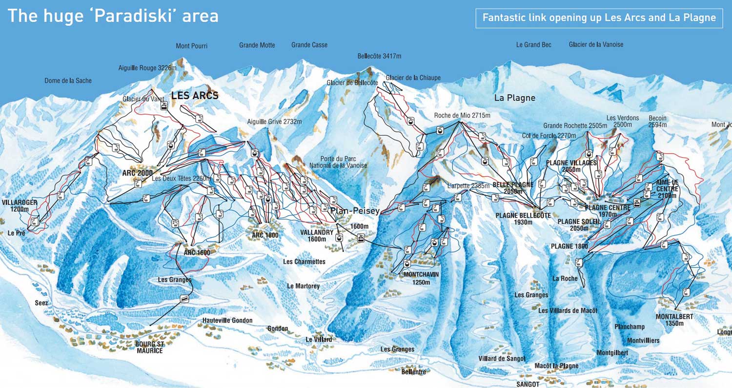 Family Ski Holidays Les Arcs 2000 Ski Chalets Les Arcs   Paradiski Ski Area Piste Map 