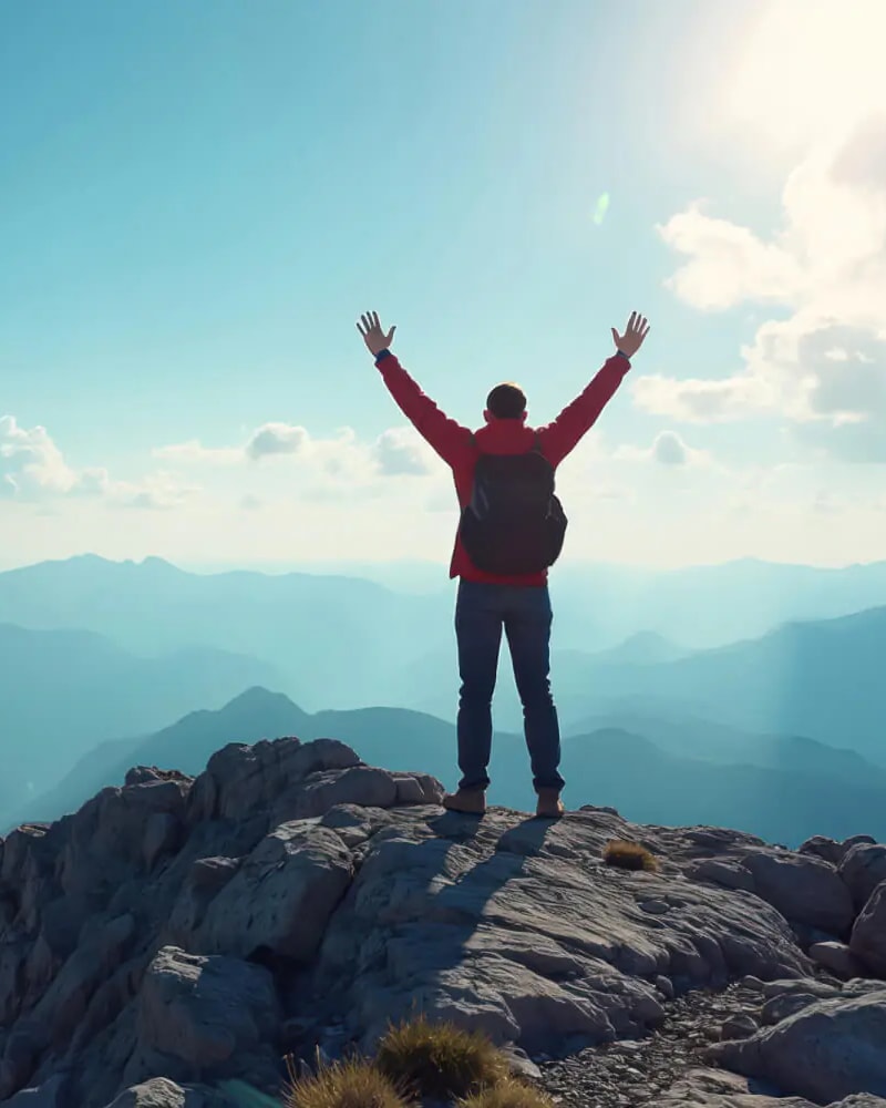 Wanderer steht auf einem Berggipfel mit erhobenen Armen und blickt über eine weite Berglandschaft