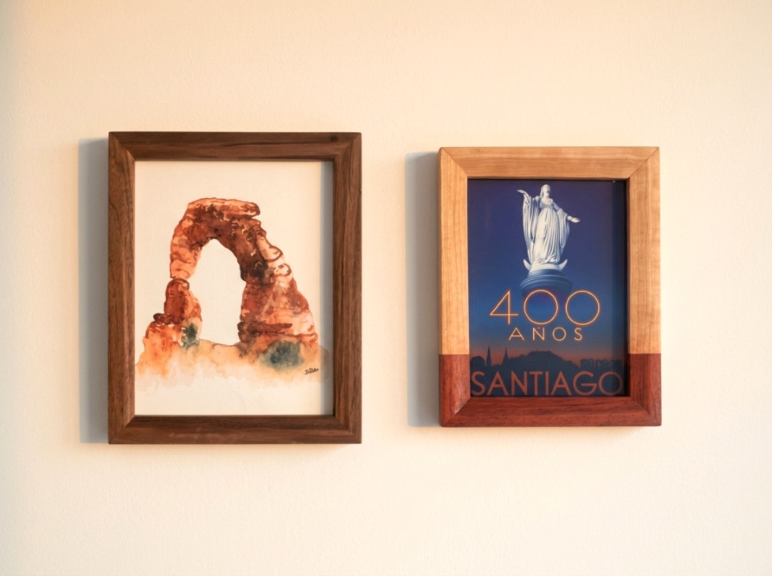 Walnut frame and custom multiple color frame hung on a wall