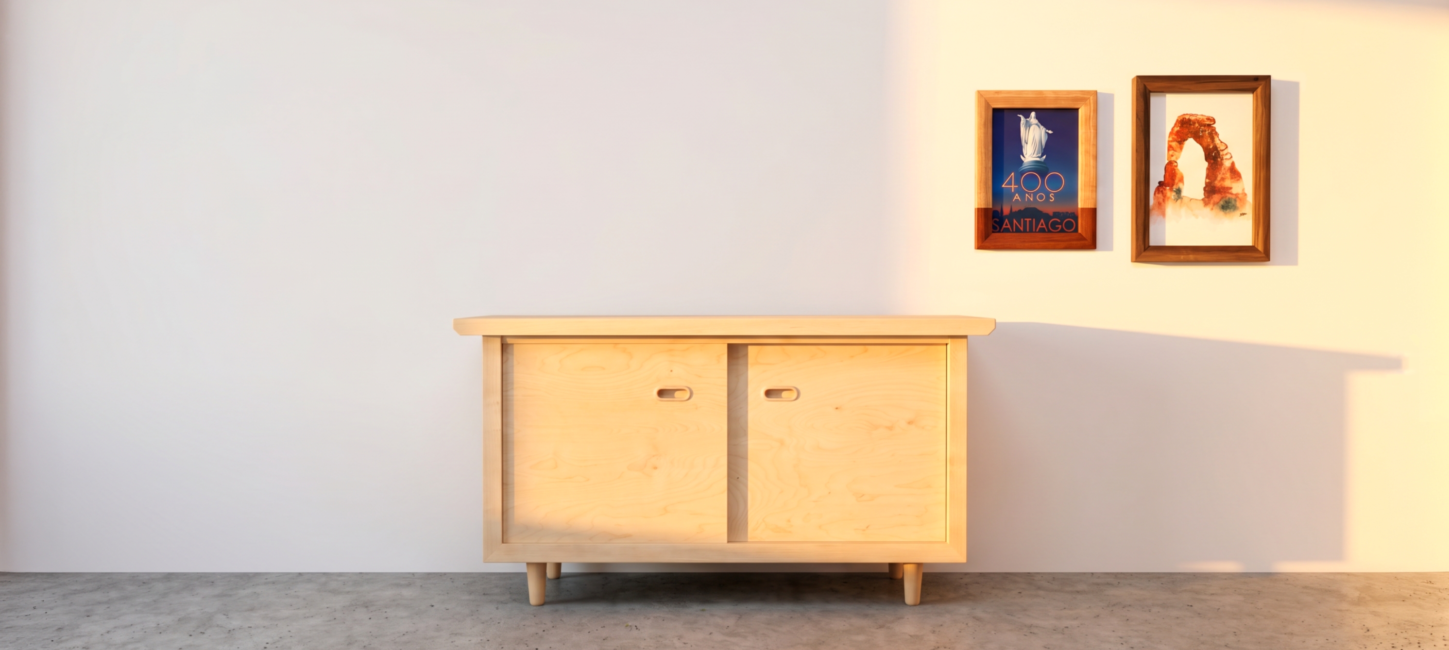 Custom carpentry showcase with a handmade tv stand and handmade picture frames