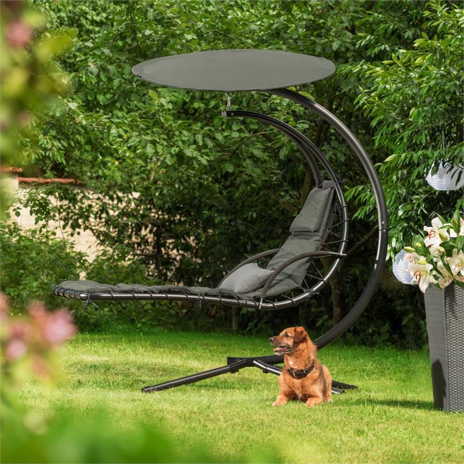 Dahlia Noble Grey, hojdacie ležadlo, 200 cm, slnečná clona, polyester, oceľ 