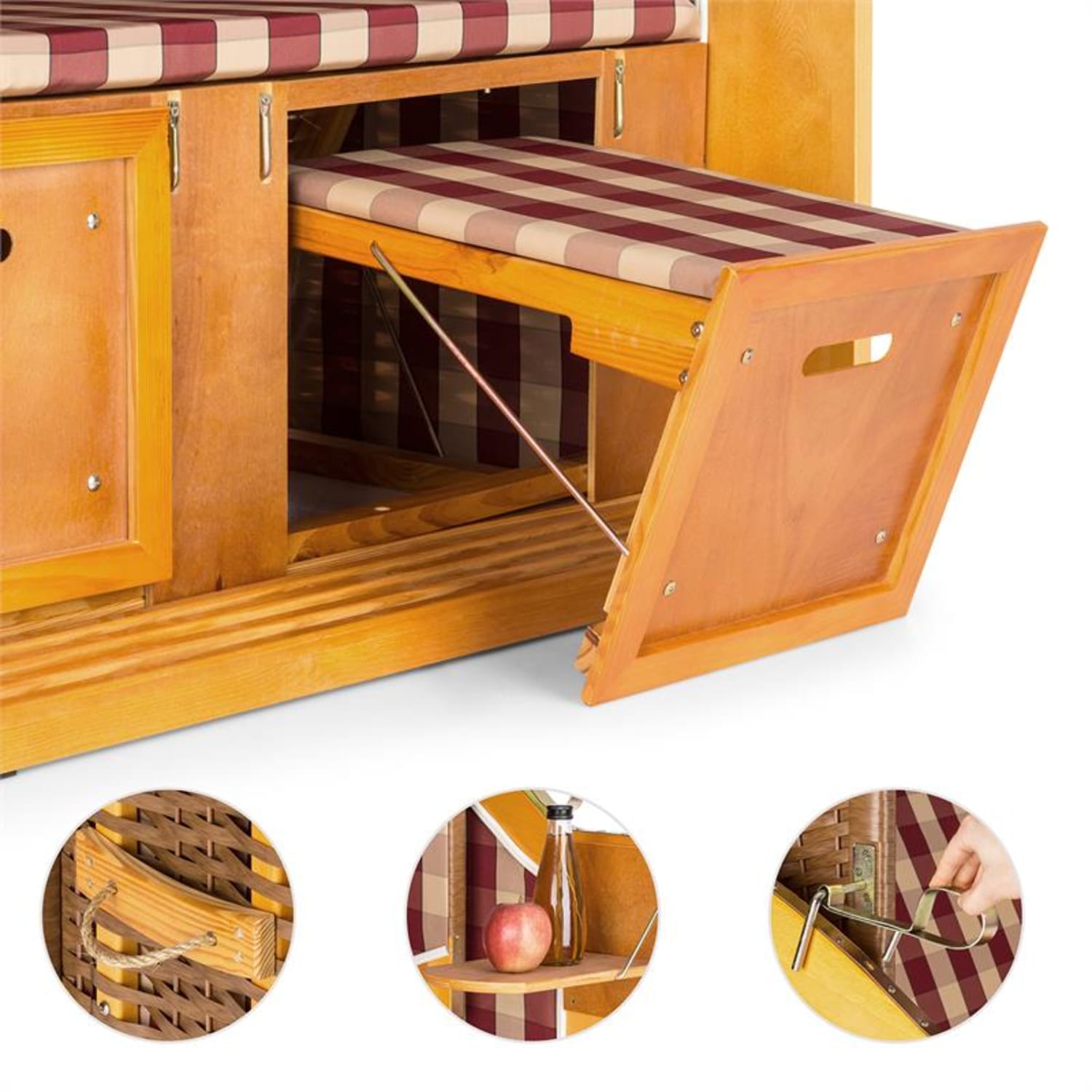 Hiddensee, plážové sedenie, plážový kôš XL, dvojsedadlo, ležadlo, borovica, červené/biele, károvaný motív Dub / Multi