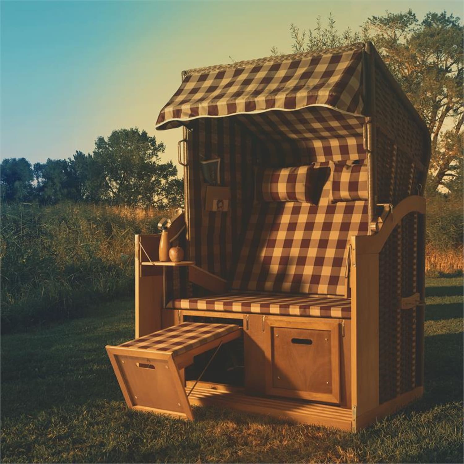 Hiddensee, plážové sedenie, plážový kôš XL, dvojsedadlo, ležadlo, borovica, červené/biele, károvaný motív Dub / Multi