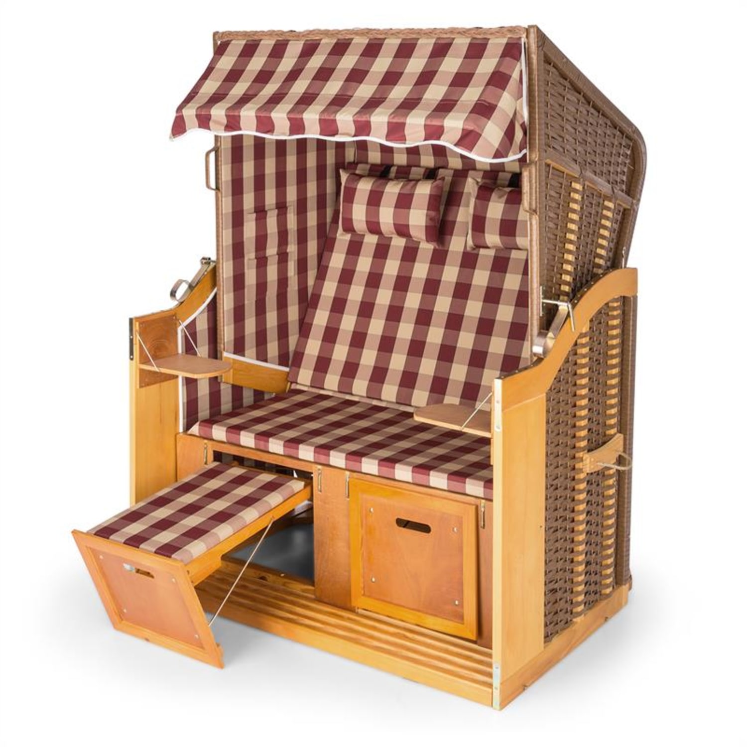 Hiddensee, plážové sedenie, plážový kôš XL, dvojsedadlo, ležadlo, borovica, červené/biele, károvaný motív Dub / Multi