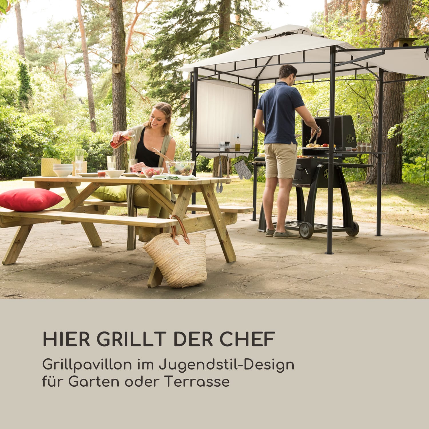Steakhouse Wings Pavillon 244x260x152cm 160 g/m² PE flammhemmend Stahl Sand