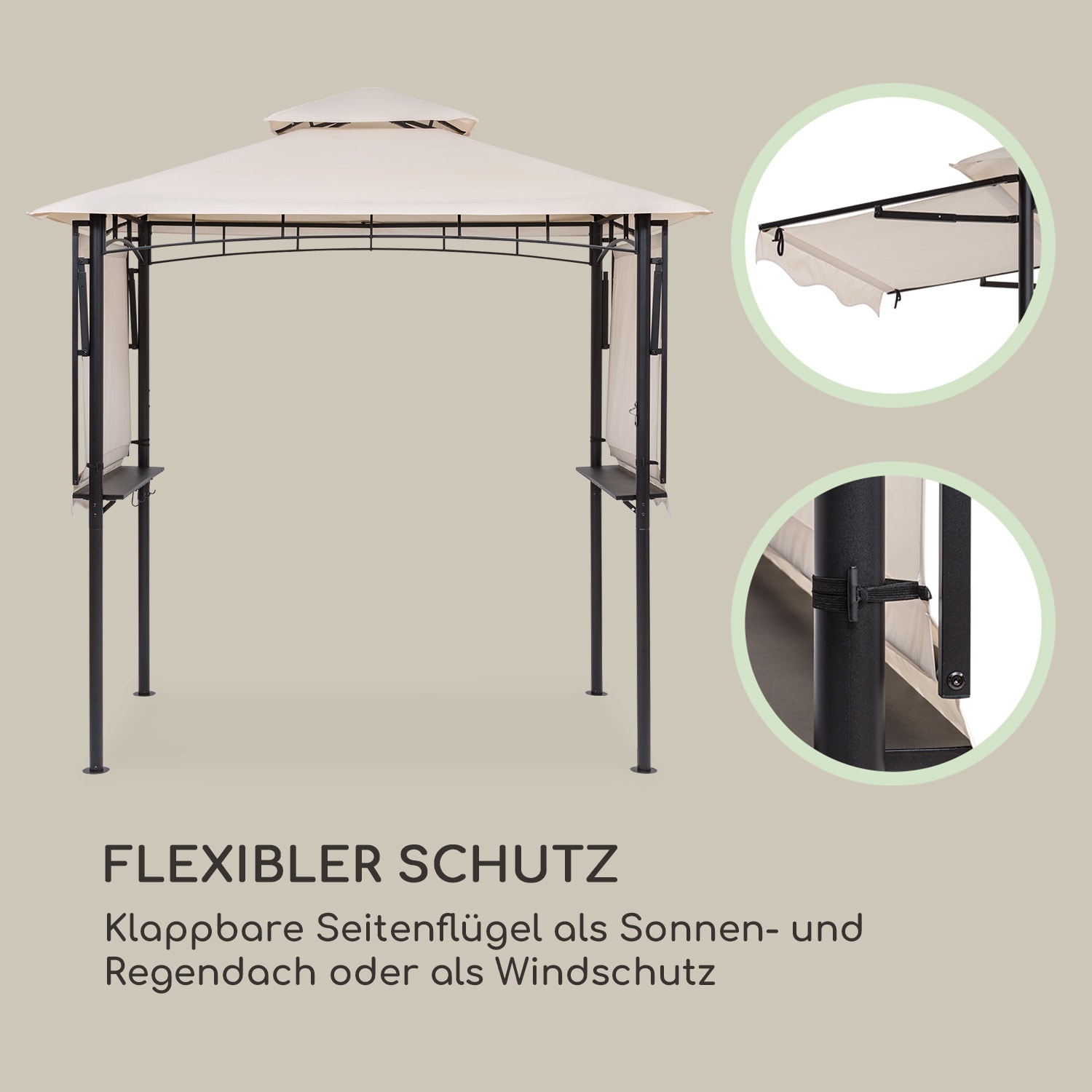 Steakhouse Wings Pavillon 244x260x152cm 160 g/m² PE flammhemmend Stahl Sand
