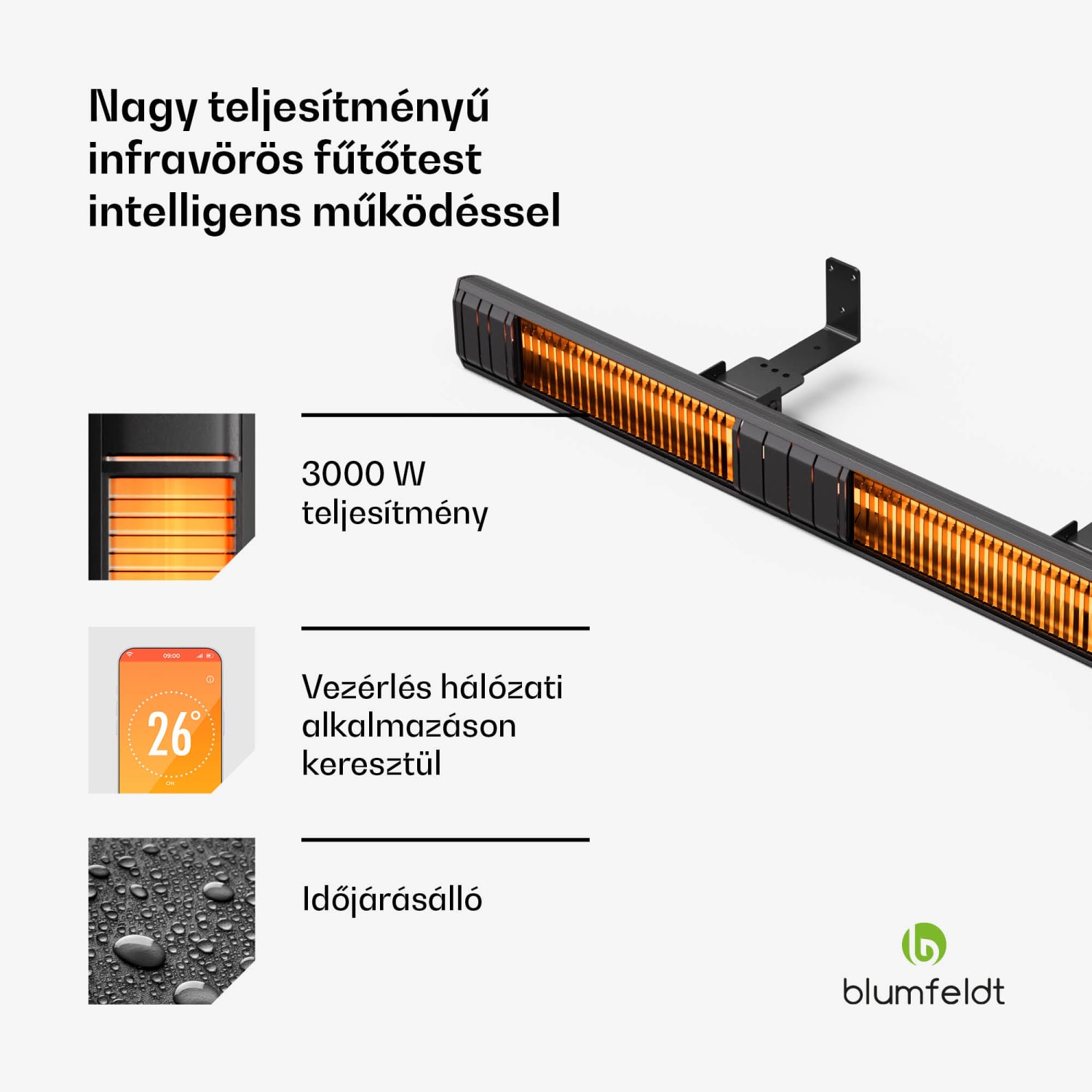Gold Bar Slim 3000 W-os sugárzó fűtőtest, 9 fokozat, WiFi funkció, érintésvezérlés, távirányító, IP 65 3000 W