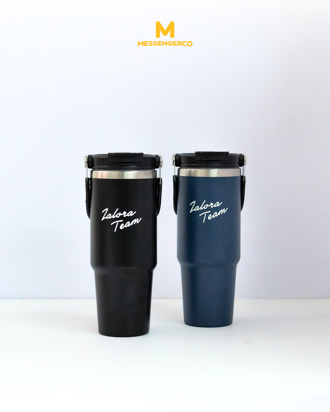Black and blue insulated tumbler with company logo, ideal for promotional merchandise or personal use.