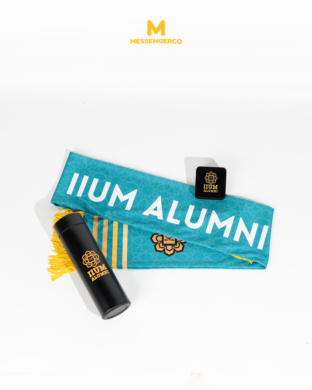 Box and mafla and tumbler featuring IIUM alumni logo with custom design for promotional or commemorative use 