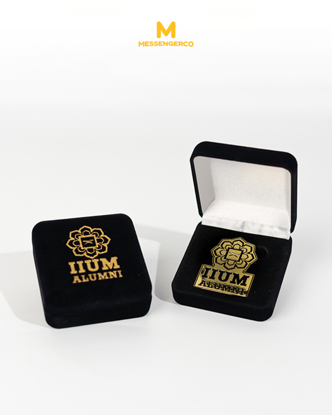A custom enamel pin nestled in a premium box featuring gold printed logo, ideal for branding and promotional use.