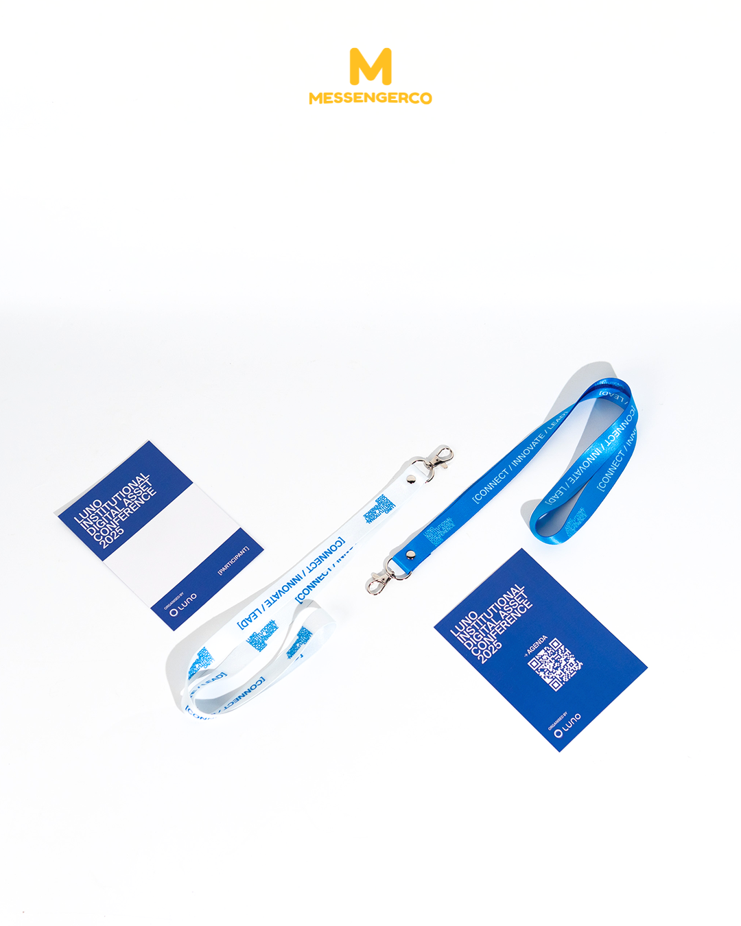 Custom lanyard with company logo and text designed for the Luno event, featuring a black strap and attached cardholder.