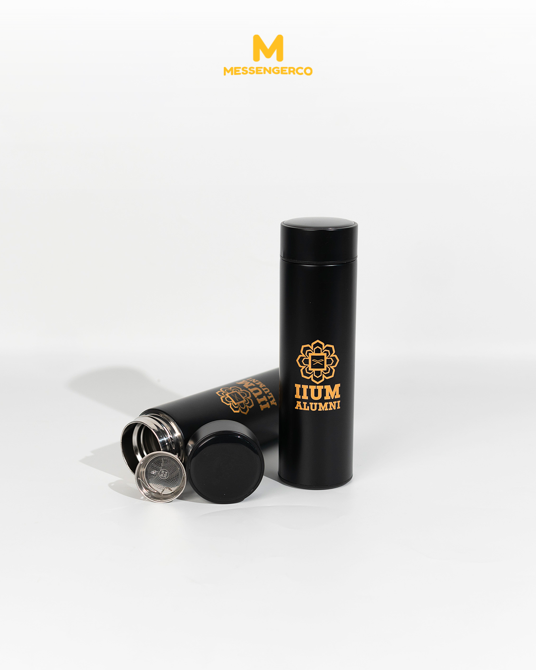 Flask thermos with Iium alumni logo printed, ideal for promotional gifting, shown against white background.