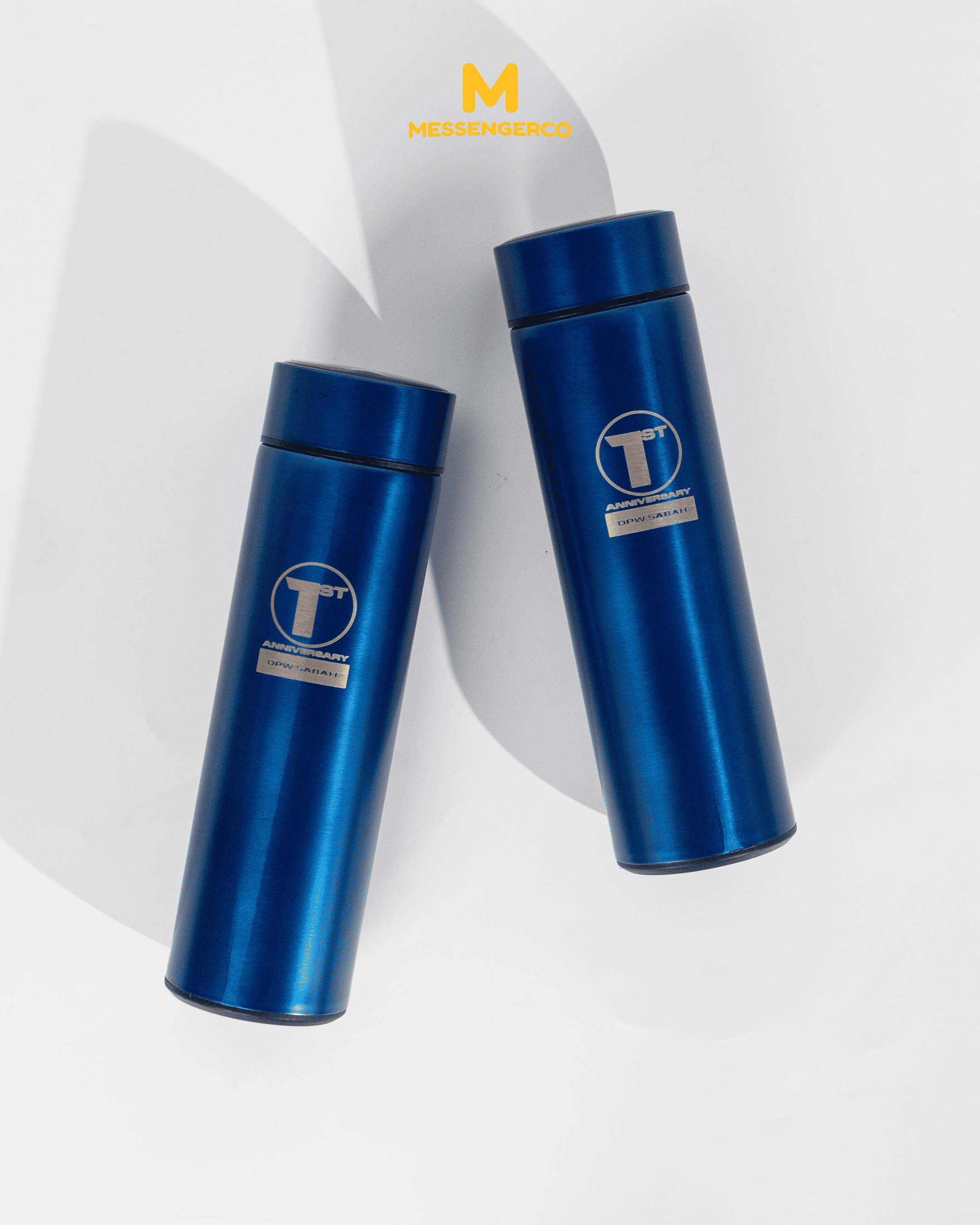 A stainless steel thermos flask with a laser-engraved company logo, ideal for promotional giveaways.