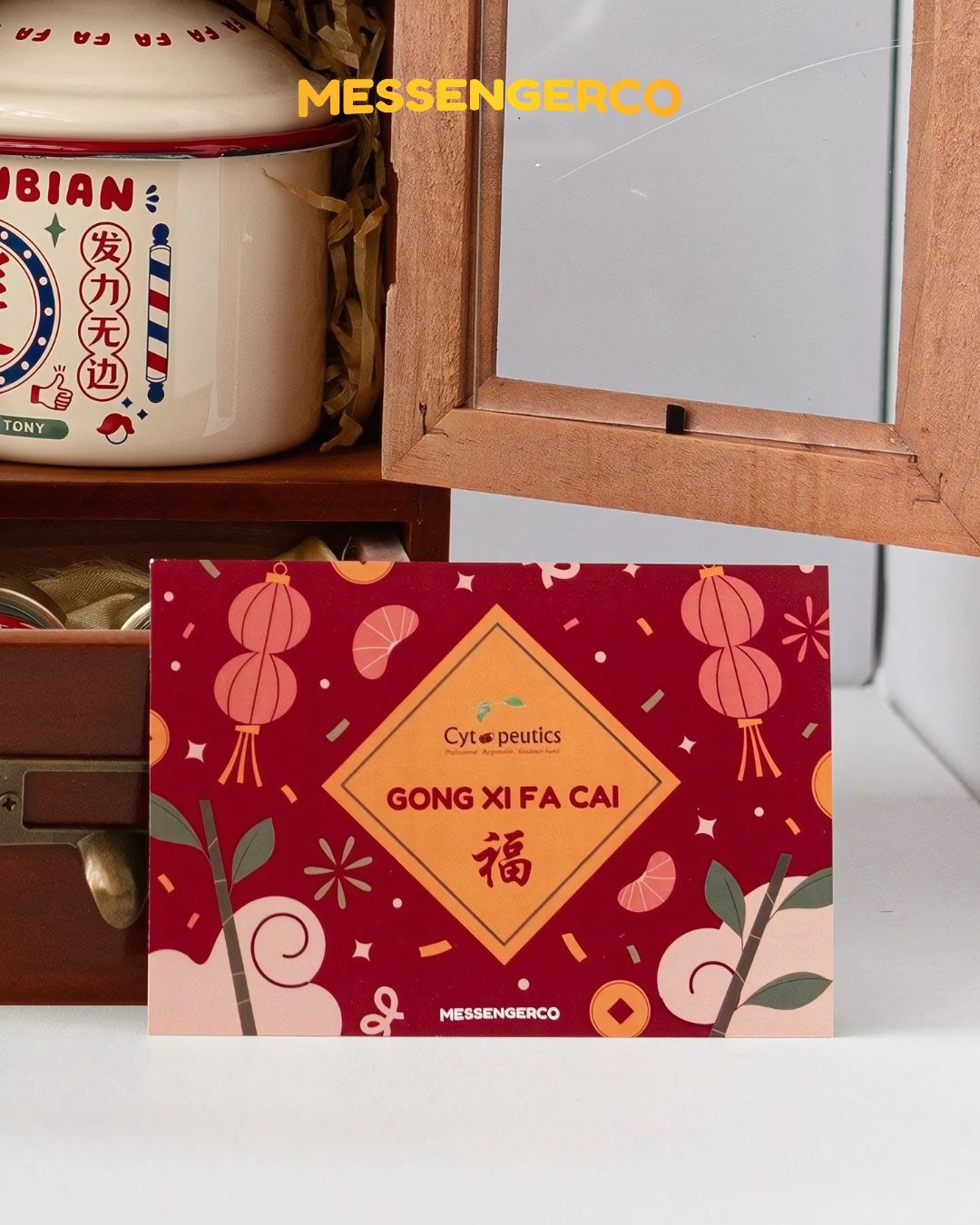 Close-up CNY greeting card in Rising Gold gift set with personalise name, premium Chinese New Year corporate gifting.