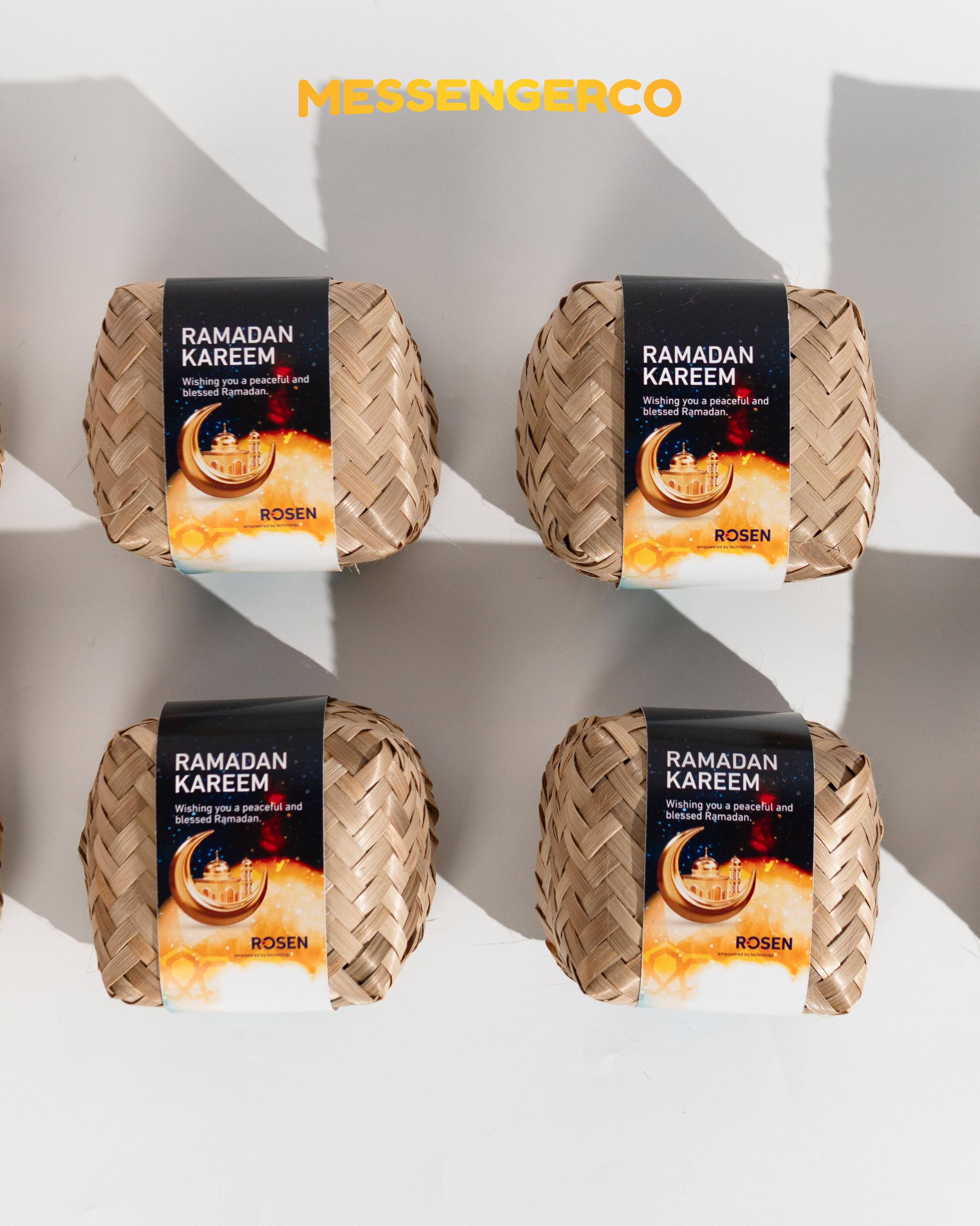 ramadan kurma door gifts in woven boxes with personalised labels designed for h. rosen engineering
