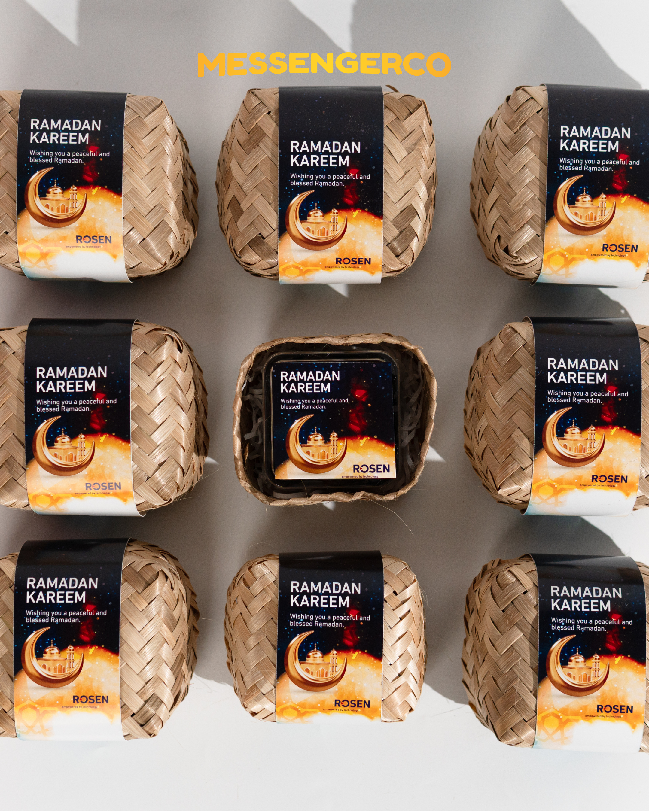 ramadan gift boxes arranged neatly with customised kurma packaging for h. rosen engineering corporate event